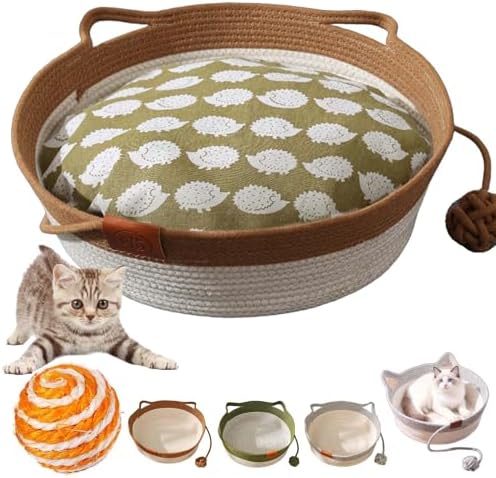 Handwoven Cat Basket with Hanging Ball Toy, Scratchable Cat Lounger Basket for Sleeping, Playing and Relaxing, Cotton Rope Cat Bed Basket with Cat Ear Handles (Brown+Mat,S)