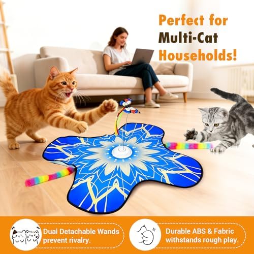Hide and Seek Cat Toy Mat, 3-in-1 Interactive Cat Toy for Indoor Cats with Fluttering Butterfly, Dual Concealed Feather Wands, 3 Prey Sounds and Touch Activation (Blue)
