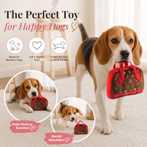 Dog Diggin Designs Chewy Vuiton Posh Purse Plush Dog Toy | Luxury-Inspired Parody Designer Handbag with Squeaker, Soft Plush Fashion Dog Toy – Haute Couture Purses & Handbags