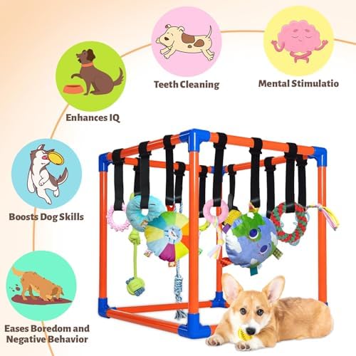 Puppy Play Gym with 15 Hanging Toys for Small Dogs, PVC Frame with Bungee Straps, Interactive Indoor Jungle Playground for Entertainment, Teething and Mental Stimulation