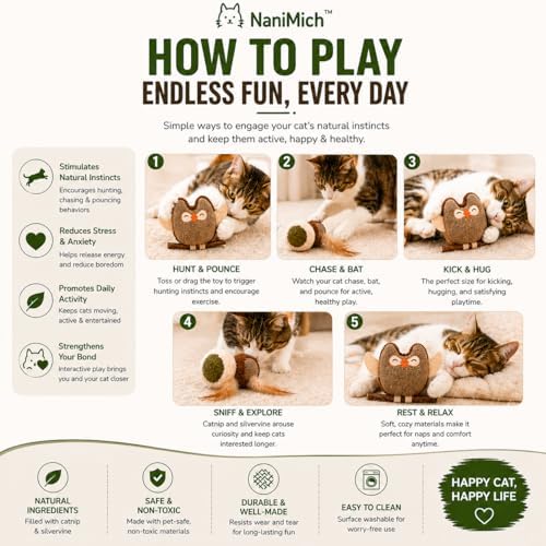 Green Owl Catnip Cat Toy with Natural Stick, Interactive Plush Cat Toy for Indoor Cats, Bite Resistant Kitten Toy for Chewing, Kicking and Stress Relief
