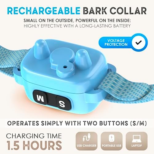 Tiny Bark Collar for Small Dogs 5-15 lbs and Puppies - No Shock Anti Barking Collar - Rechargeable Smart Collar for Dog Training with 7 Sensitivity Levels and 3 Beep&Vibration Modes (Pure Blue)