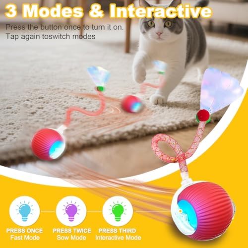 Interactive Cat Toys Ball for Indoor Cats＆Dogs,Automatic Cat Toy 360° Auto-Rotation Smart Obstacle Avoidance,Includes 4 Cat Spiral Spring,Cat Enrichment Toys for Indoor Cats (Red-1)