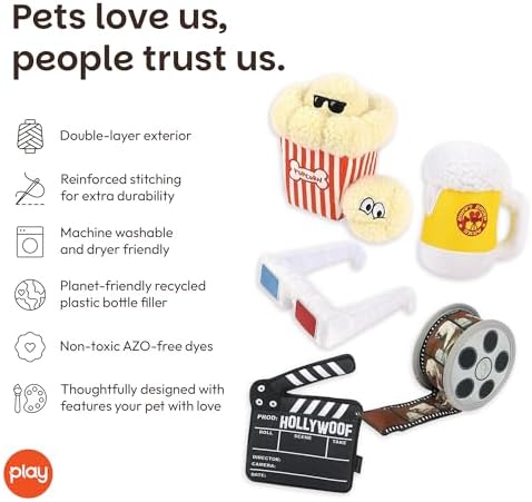 P.L.A.Y. Cute Plush Dog Toys - Hollywoof Cinema, Movie Themed Durable Squeaker Chew Toys, Great for Puppies & Small, Medium, Large Dog Breeds - Machine Washable, Recycled Materials (5 Piece Set)