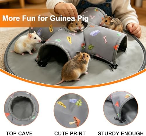 Small Pet Tunnel Bed with Top Peek Hole, 4-Way Hideout with Removable Washable Mat, Interactive Play Toy for Guinea Pig, Hamster, Rabbit, Chinchilla, Kitten