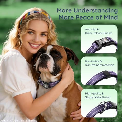 Airtag Dog Collar for Medium Dogs, with Waterproof Airtag Holder, Purple | Reflective, Breathable Nylon Padded, Built-in QR Code Name Tag, Adjustable, Comfort for Walking, Training