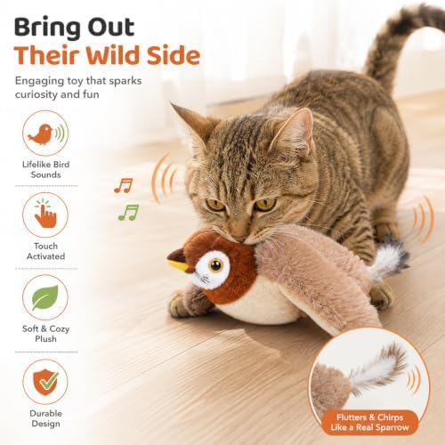 Tweetpaw Cat Toy with 3 Flapping Modes and Catnip, Realistic Chirping Sound, Rechargeable Interactive Toys for All Breeds Cat，Brown