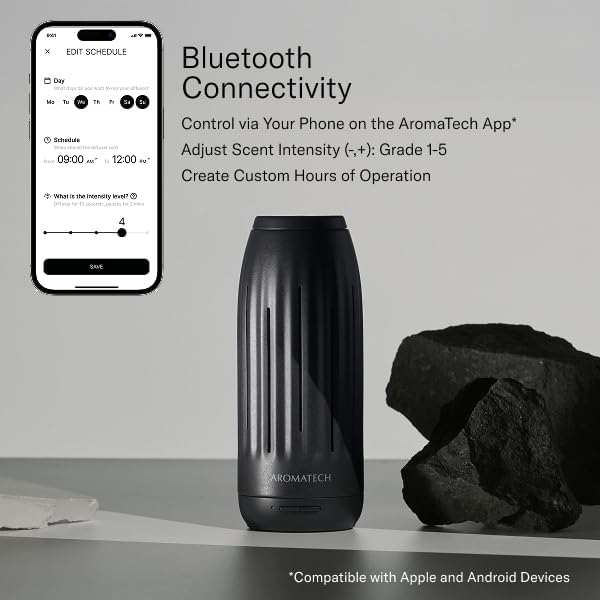 AromaTech Ambience Scent Diffuser for Essential Oil Blends & Fragrances – Waterless Scent Machine w/Bluetooth for Home, Bathroom Boutiques, Hotel, Spa – Charcoal Mini
