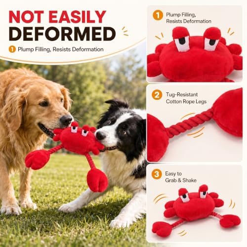 Squeaky Dog Plush Chew Toy, Interactive Tug Squeaky Toy for Chewers, Medium & Large Dogs & Fetch Play, 18.1 Inch Stuffed Crab Toy with Rope Twisted Claws for Gentle Gum Care & Boredom Relief, Red