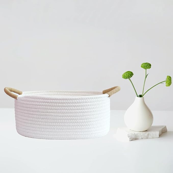 Yimi's Dream White Cotton Rope Gift Basket with Brown Handle, 12 x 8 x 5 in | Small Oval Empty Decorative Basket for Easter, Baby Shower, Cat or Dog Toys, Gifts, Nursery, Shelves, and Home Organization