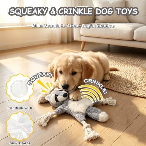 No Stuffing Crinkle Squeaky Dog Toy for Small Medium Puppies,（Raccoon）