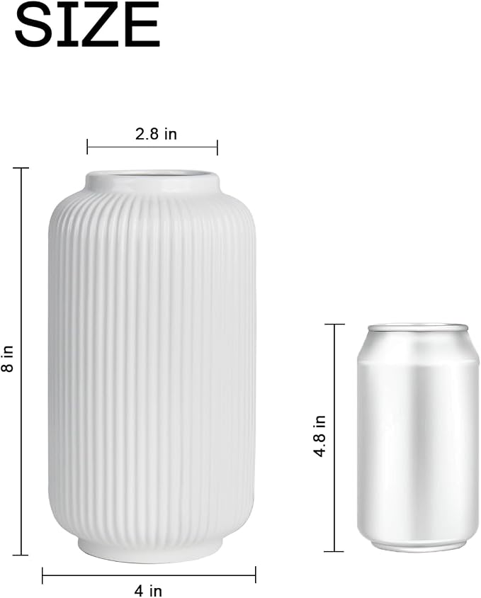 White Ceramic Vase, 8 Inch Ribbed Flower Vase for Bouquet and Pampas Grass, Modern Wide Mouth Decorative Vase for Dining Table, Kitchen Shelf, Wedding Centerpiece