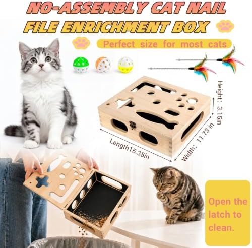 Cat Scratch Puzzle Enrichment Box, Interactive Cat Toy for 3 Balls & 2 Wand