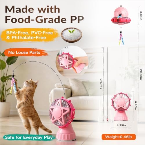 Interactive Cat Toy with Treat Dispenser & Wand Teaser Indoor Cats(Pink) | Stable Suction Base Design|Adjustable Treat Opening|Indoor Cat Boredom Relief|Hunting Instinct Stimulation