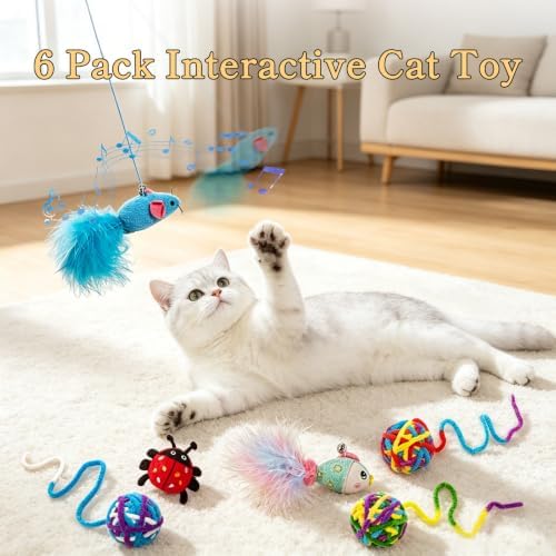 Door Hanging Cat Toy Set, Interactive Self-Play Cat Teaser with Retractable Elastic String, Hanging Door Cat Toys for Indoor Cats Kitten, Boredom Relief (6 Pack)