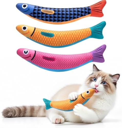 Interactive Cat Toys with[5000mg Premium A+Catnip &Silvervine][Baby Grade] Soft Chew Kicker Cat Toys for Indoor Cats & Kittens, Crinkle &Rattle Fish Sound Toy, Drives Bored Cats Crazy with Fun,3 Pack