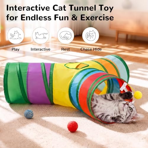 Tempcore Cat Tunnel, 3-Way Collapsible Toy for Indoor Cats, Rainbow