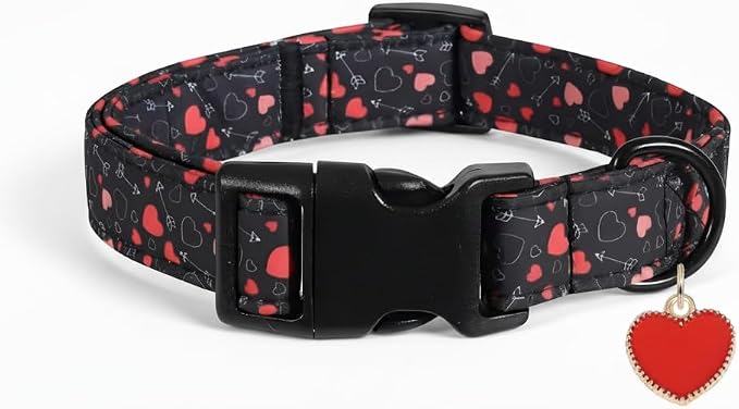 Lagre Dog Collar, Female Dog Collar Boy Collars with Red Heart Pattern and Charm, Cute Puppy Collar for Large Dogs