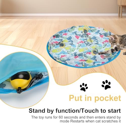 Interactive Remote Control Cat Toy with Sound & Light Locator, Hidden Rolling Ball Under Playmat, Bird Chirp & LED, Touch-Activated, USB Rechargeable Indoor Hunting Toy Blue+Yellow