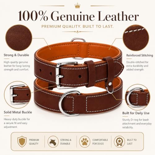 Genuine Leather Dog Collar, Soft Padded Leather Dog Collars with Airtag Holder Case for Small Medium Large X-Large Dogs,Comfort Heavy Duty Pet Collar with Durable Metal Buckle & D-Ring-Brown/XL
