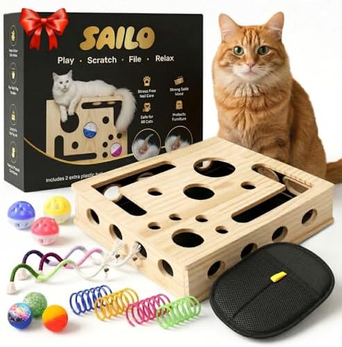 SAILO Cat Nail File Scratcher and Claw Saver Box with Multiple Toys & Grooming Gloves | Interactive Toy for Indoor Cats | Treat Puzzle Enrichment Kit | Perfect Gifting Set for Cat Lovers
