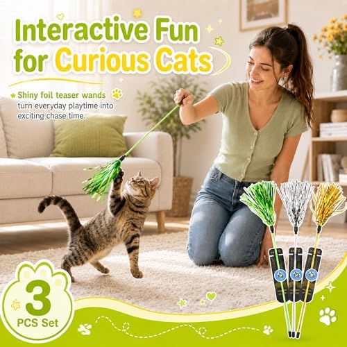 ADUCK Tinsel Cat Wand Toys for Indoor Cats, Interactive Kitten Toys, 3 Pack