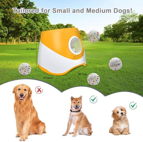 MEKAPLE Automatic Dog Ball Launcher for Samll to Medium Dogs, Upgraded Interactive Toy Balls Thrower, Distance Adjustable Mental Stimulating Dog Toys with 4 Etpu Balls 2.2 Inch (Orange)
