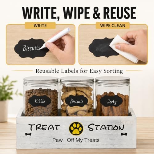 Pet Treat Container with 3 Airtight Jars and Wooden Tray, Labels and Marker