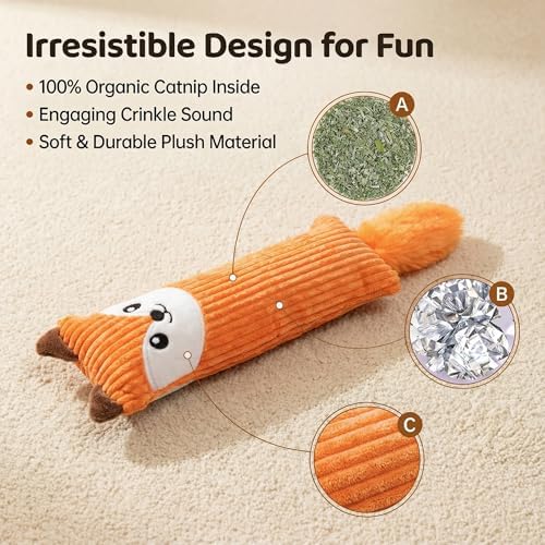 Fashion's Talk Catnip Toys for Indoor Cats, 2-Pack Large Plush Fox & Owl Kicker Toys, Cat Chew Toys with Crinkle Sound Organic Catnip – Hunting Instincts Exercise (2)
