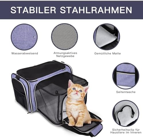 BAGLHER Expandable Cat Carrier with Travel Litter Box, Pet Travel 5 Sides Open Doors 3 Sides, Leak-Proof and Collapsible, for Car, Airplane Trip, Purple