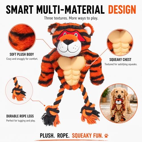 Tiger Rope & Plush Dog Toy with Squeaker, Interactive Tug Toy for Medium to Large Dogs, Multi-Texture Toy for Tug, Toss & Supervised Play
