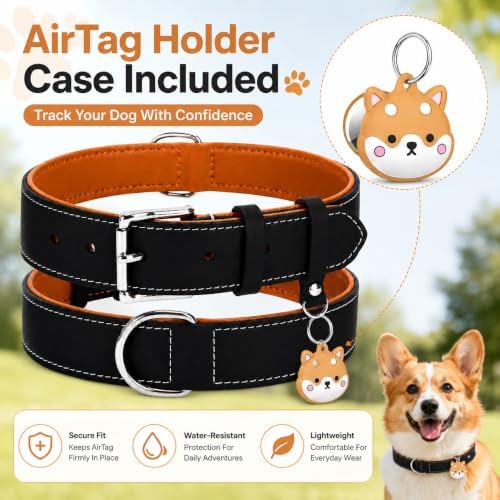 Genuine Leather Dog Collar, Soft Padded Leather Dog Collars with Airtag Holder Case for Small Medium Large X-Large Dogs,Comfort Heavy Duty Pet Collar with Durable Metal Buckle & D-Ring-Black/XL