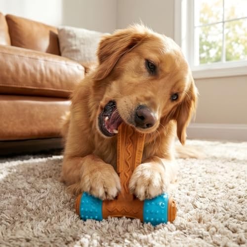 SPOT Bam-Bones Plus Gigglers T-Barbell Durable Dog Chew Toy with Sounds, Bamboo Fiber & Nylon with Rubber Ends, Peanut Butter Flavor, Non-Splintering, for Heavy Chewers & Dogs Under 60 Lbs, 6 Inch