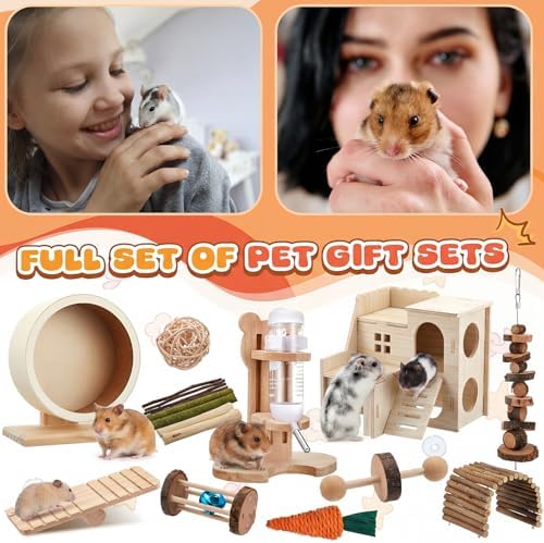 18 Pcs Hamster Cage Accessories, Silent Hamster Wheel 15 Toys Set