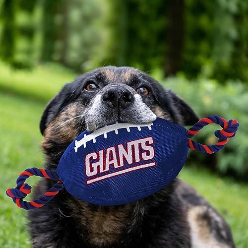 Pets First NFL New York Giants Football Dog Toy, Tough Quality Nylon Materials, Strong Pull Ropes, Inner Squeaker, NFL Team Color