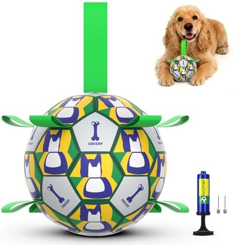 Dog Toy Balls, Dog Soccer Ball with Straps, Interactive World Cup Soccer Ball for Medium Dogs, Water Fetch Toys, Tug-of-War, Herding Ball Toys Outdoor, Dog Birthday Toy, Green (6 Inch)
