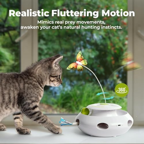 ALL FOR PAWS 3 in 1 Interactive Butterfly Flutter Cat Toy with Rolling Balls, Automatic Kitten Spinner Toys, Popping Feather Toy, Mental Stimulation for Indoor Cats, USB Rechargeable