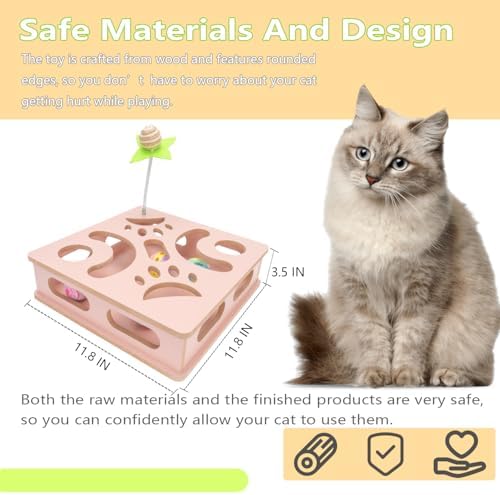 Interactive Wooden Cat Puzzle Toy Box Indoor Hunting Play Toy to Stimulate Your Cat’s Energy and Instincts (Pink)