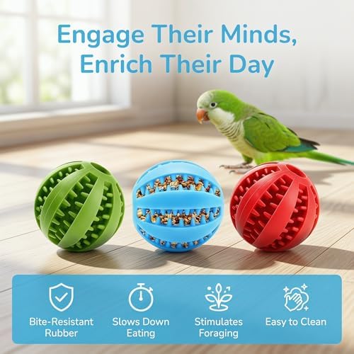 3 Pack Bird Foraging Toys, Parrot Chew & Treat Dispenser Balls, Slow Feeder Enrichment Rubber Toys for Parakeets, Cockatiels, Conures, Lovebirds, Small Birds & Small Pets