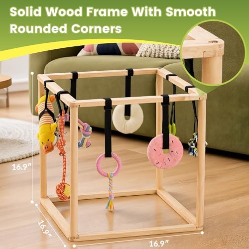 Puppy Play Gym for Small Dogs, Wooden Indoor Dog Playground with Hanging Toys, Interactive Puppy Gym & Jungle Gym for Enrichment, Agility Equipment (16.9 inch)