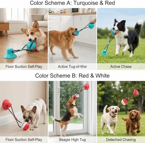 Dog Chew Toys Suction Cup Ball with Bell Interactive, Rubber Molar Teeth Cleaning Ball for Food Dispensing and Tug-of-War Games(Red‑White)