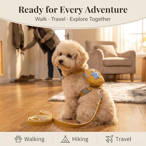 Pet Backpack Harness with Leash for Dogs and Cats, Adjustable Vest with Storage Pocket, Poop Bag Dispenser, Soft Breathable Nylon for Small Medium Pets Walking Hiking Travel (Yellow)