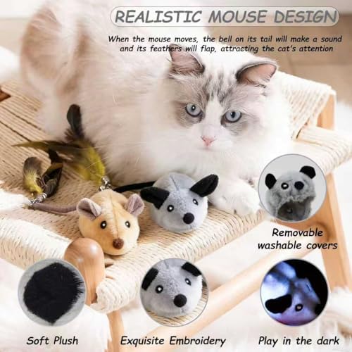 Interactive Mouse Cat Toy, Automatic Moving Fake Rat Mouse Cat Toy, Realistic Rechargeable Dog Mouse Toy with Sound & Feather & Bell, Prank Joke Scary Trick Rats for Cats Dogs