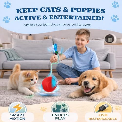 Interactive Cat Toys for Indoor Cats – Motion Activated Automatic Cat Ball with SpeedyTail, 3 Play Modes, Rechargeable LED Rolling Ball, Kitten Toys for Bored Indoor Cats, Smart Cat Enrichment Toy