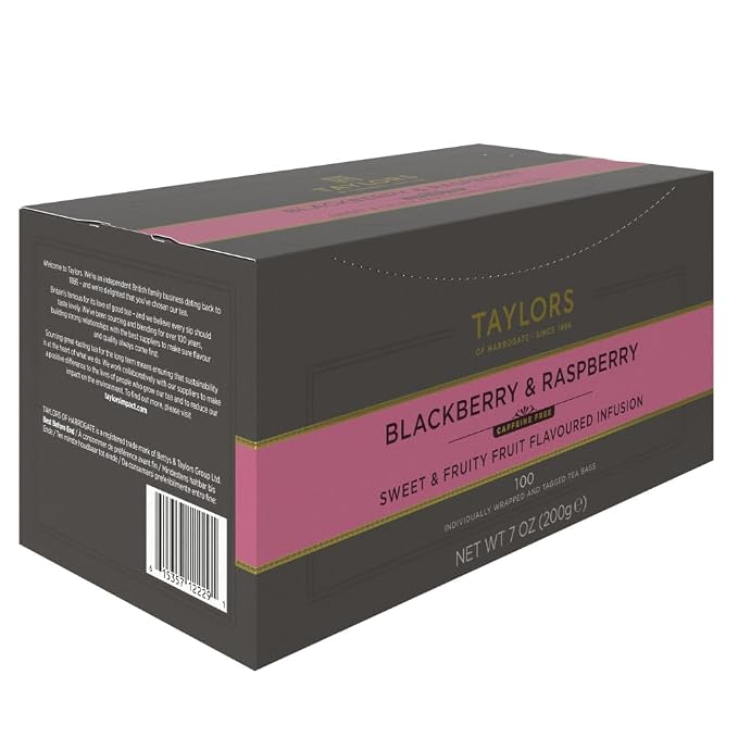 Taylors of Harrogate Blackberry & Raspberry, Herbal Tea, Individually Wrapped Bags, 100 Count (Pack of 1), Sweet, Tart & Tangy, Caffeine-Free, Enjoy Hot or Iced, 100 Teabags