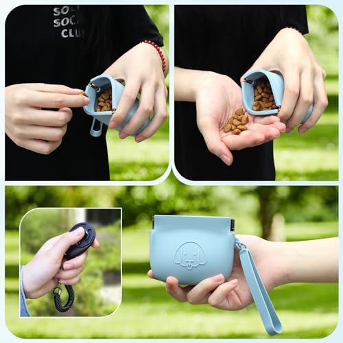WALLFID Silicone Dog Treat Pouch Small Bag,Auto Closure,with Pet Training Clicker,Walking Bag for Dog and Cat,Pocket Size,Easy to Clean,Odorless (sky blue)