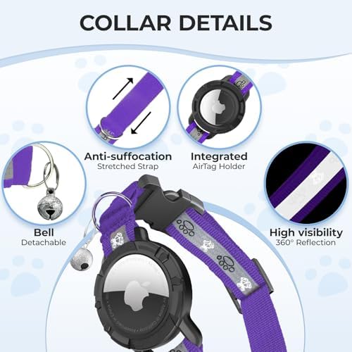 Breakaway AirTag Cat Collar, Reflective Cat Tracker Collar with Bell | Built in AirTag Holder, Adjustable 8.5-12in for Cats, Kittens and Puppies, Safety Elastic Band, Reflective for Night Walking