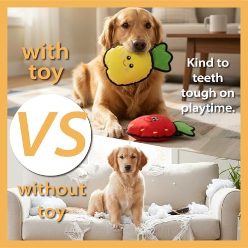 Durable Plush Dog Toys, 2 Pack Pet Squeaky Chew Toys, Double Layer Reinforced Interactive Pet Toys for Aggressive Chewers, Tough Toys for Medium and Large Dogs (Yellow Pineapple+Red Strawberry)