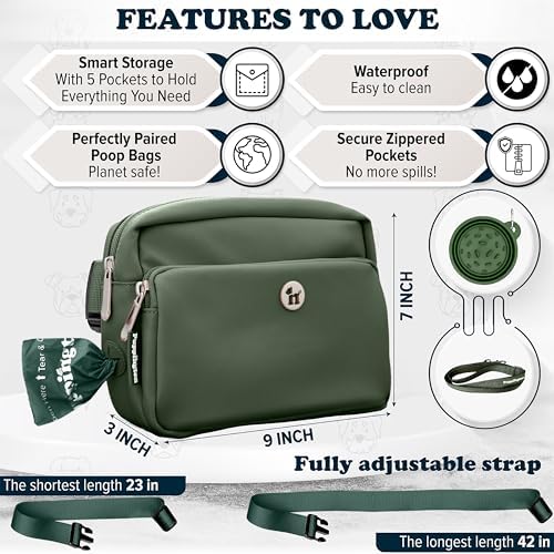 Puppington 3-in-1 Crossbody Bag & Dog Treat Pouch for Pet Training - Matching Compostable Poop Bags, Built-In Poop Bag Dispenser & Slow-Feeding Travel Dog Bowl - Dog Walking Bag (Basil Green)
