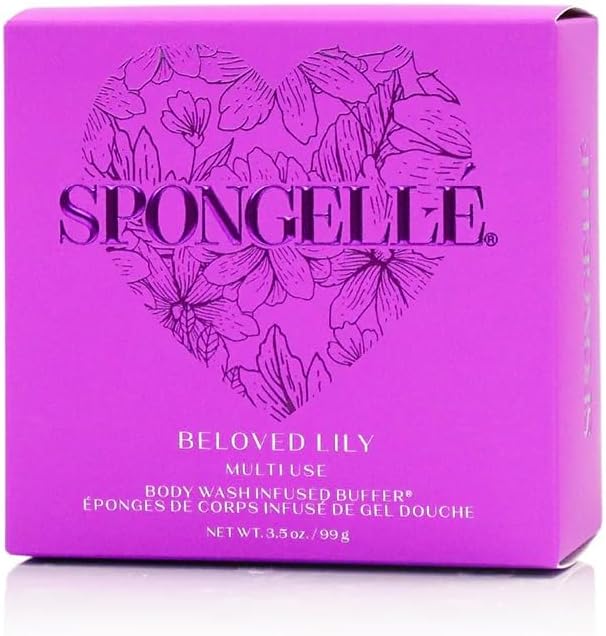 SPONGELLÉ Lily Heart Buffer – Exfoliating Sponge & Body Wash Infused with Lily Fragrance – Ideal for Valentine's & Mother's Day Gifts